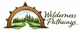A logo for wilderness pathways with a compass and trees on it