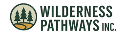 A logo for wilderness pathways with a compass and trees on it