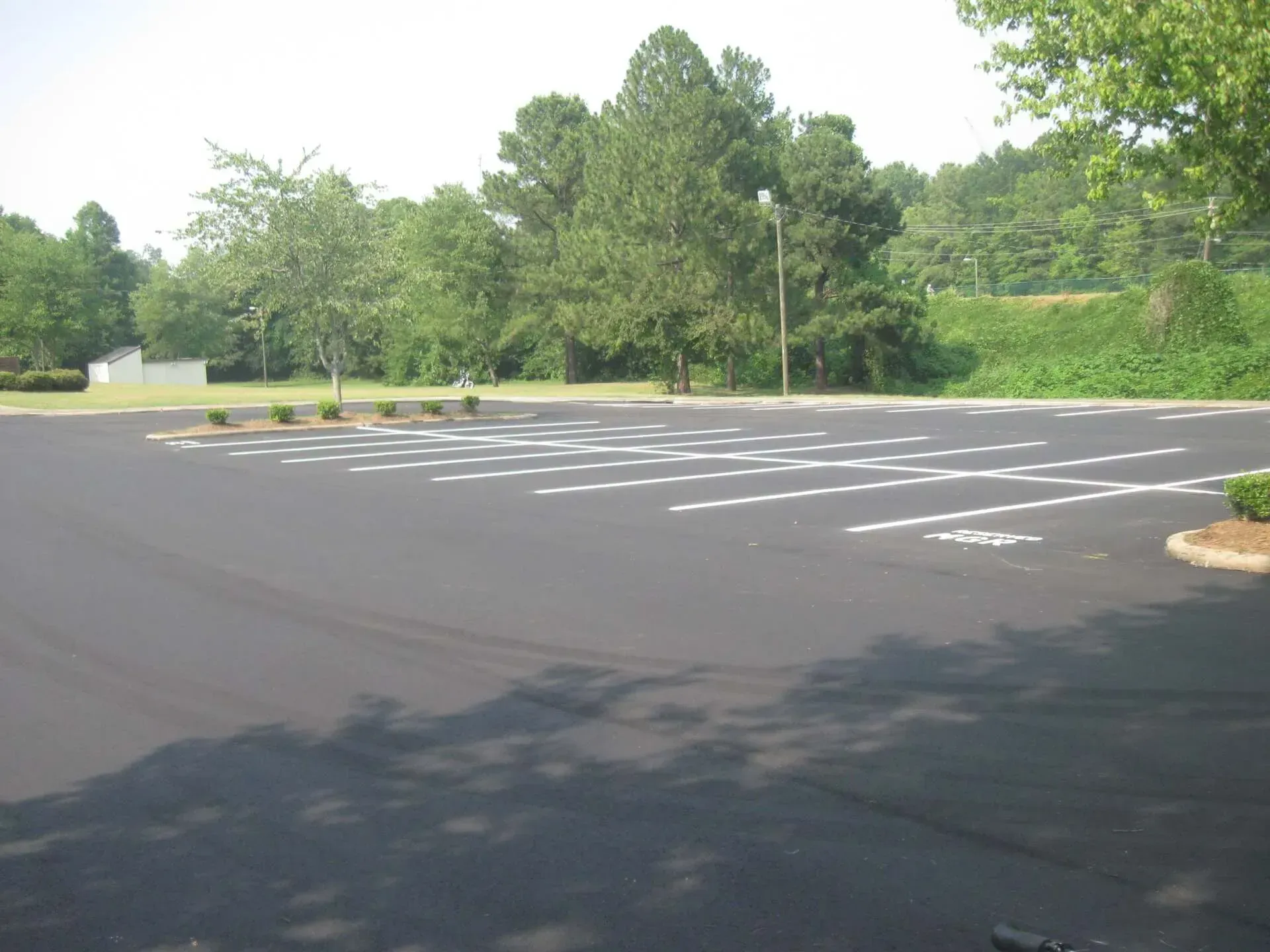 An empty parking lot with trees in the background