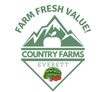 A black and white logo for country farms everett