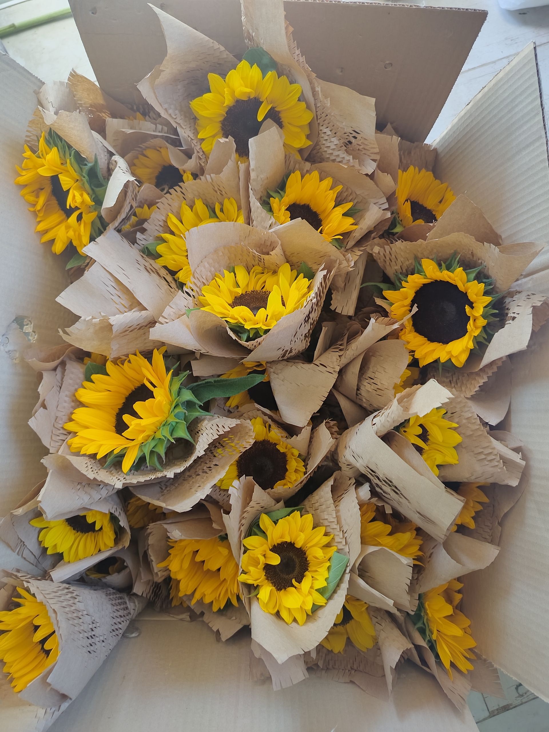 Caja de girasoles envuelta en papel marrón.