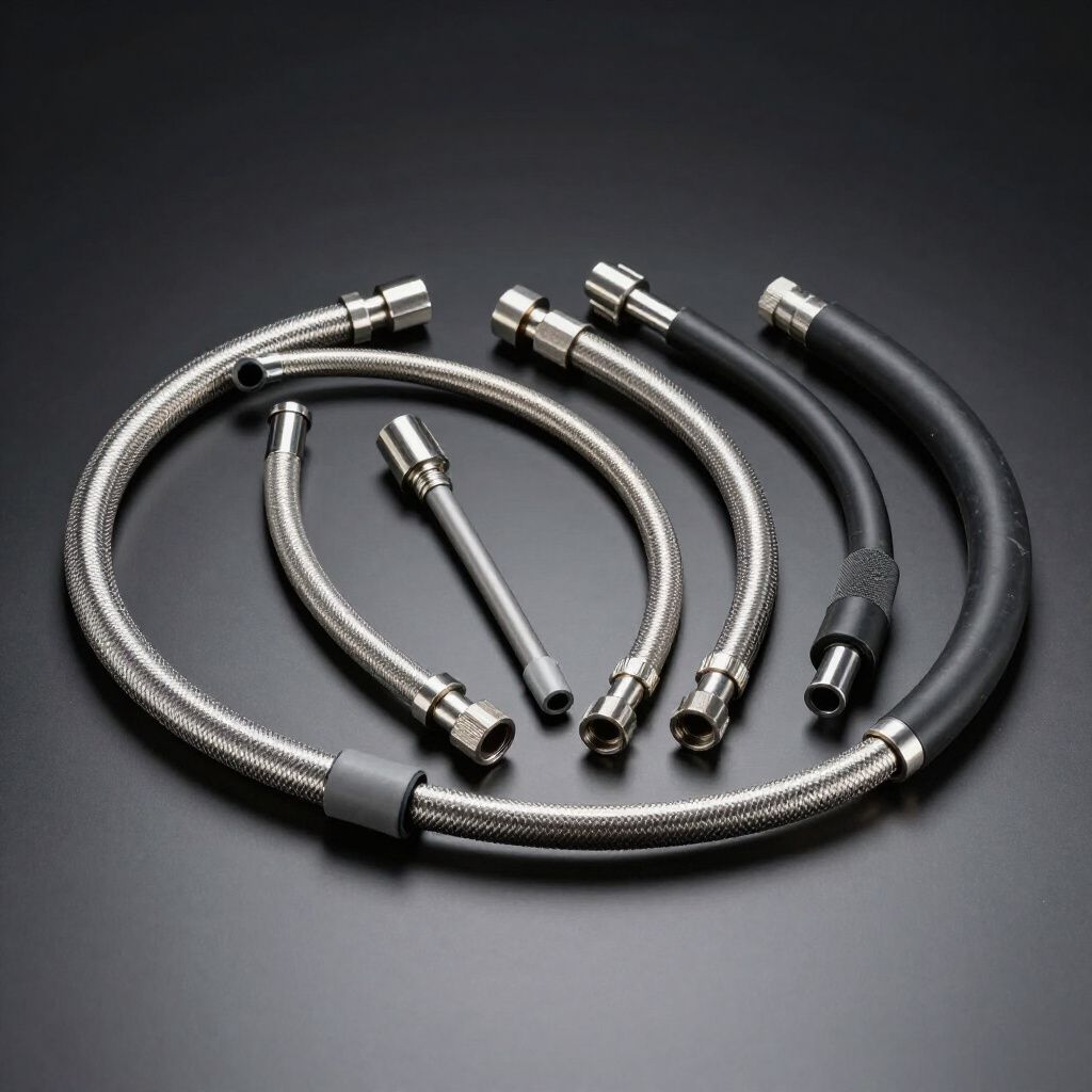 Collection of flexible metal and rubber hoses with silver fittings, on a dark surface.