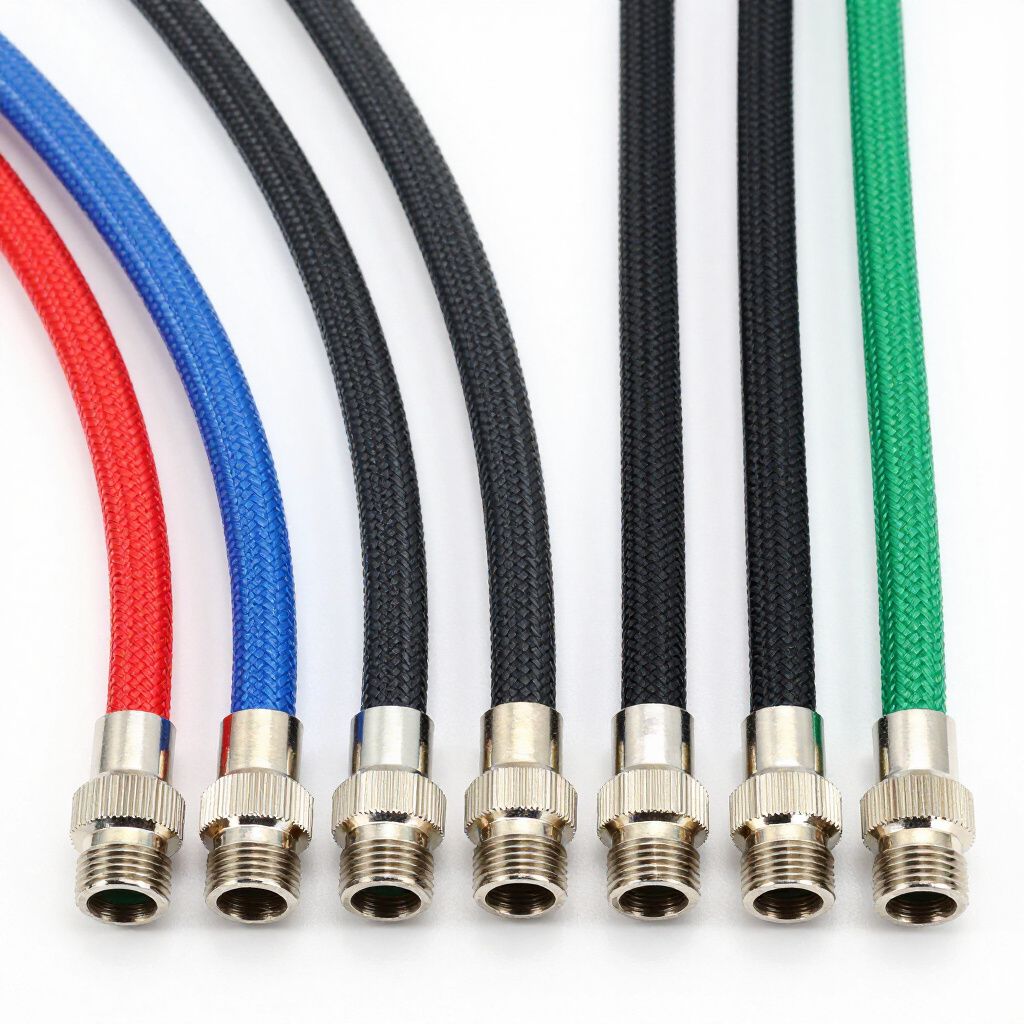 Close-up of six electrical cables, each with a different colored woven sheath, silver connectors.