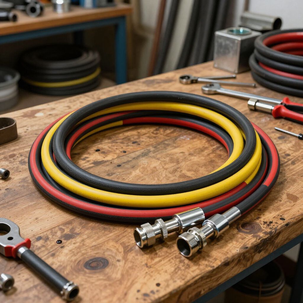 Three coiled hoses, red, yellow, and black, with metal connectors on a workbench with tools.