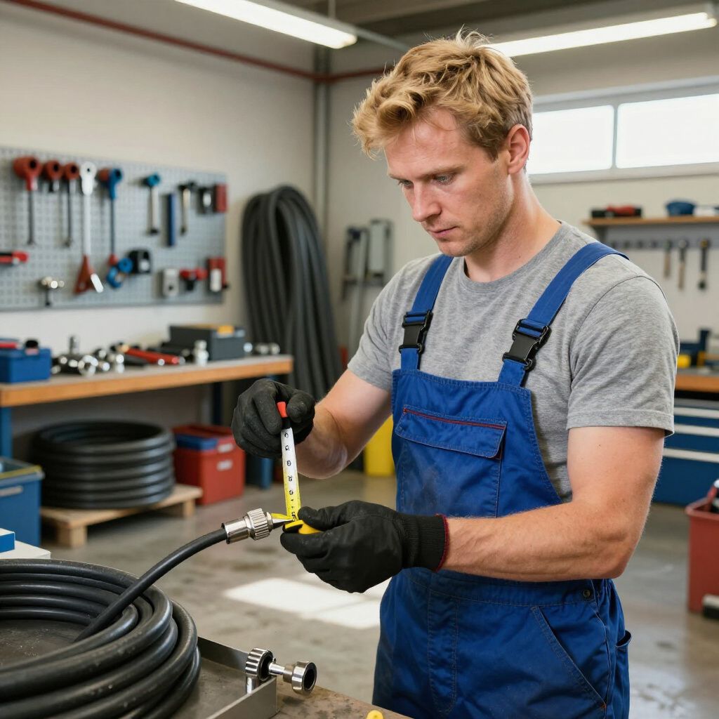 Man in blue overalls and black gloves measures a made to order hose with a tape measure in a workshop.