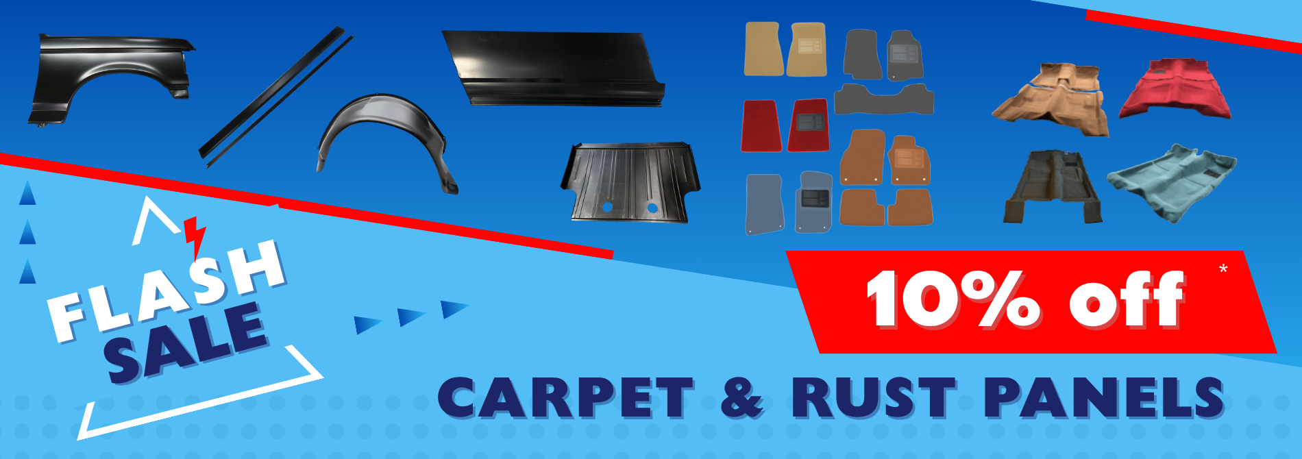 Flash sale for carpet and rust panels, 10% off. Blue background with car parts and carpets.