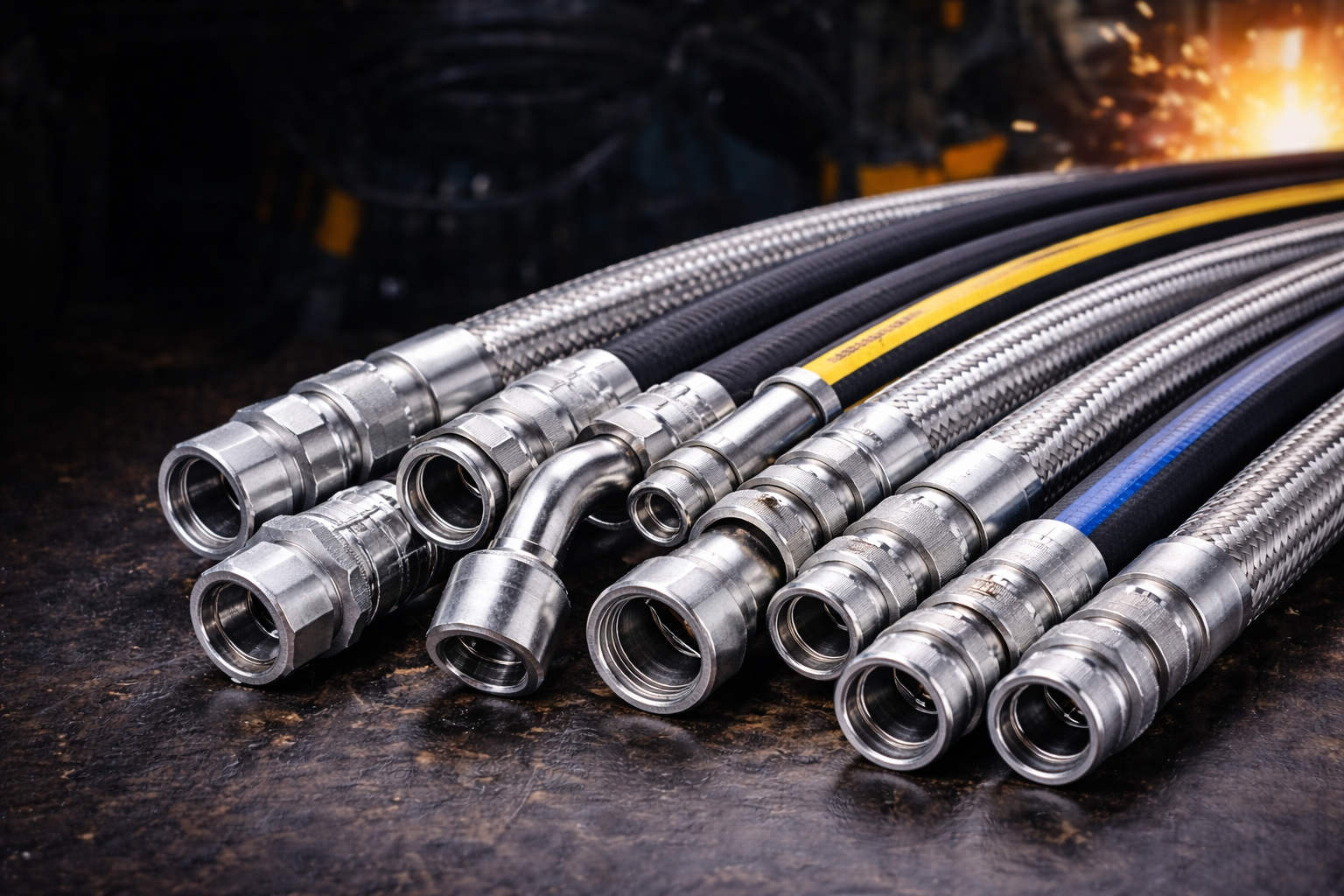 Close-up of industrial machinery with multiple black hoses connected by red and blue couplings.