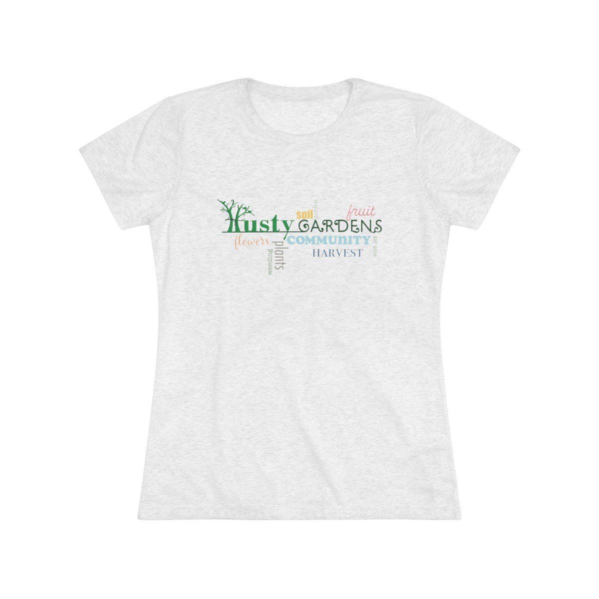 A white t-shirt with the words `` the husty garden '' on it.
