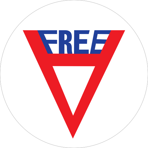 A red white and blue triangle with the word free on it