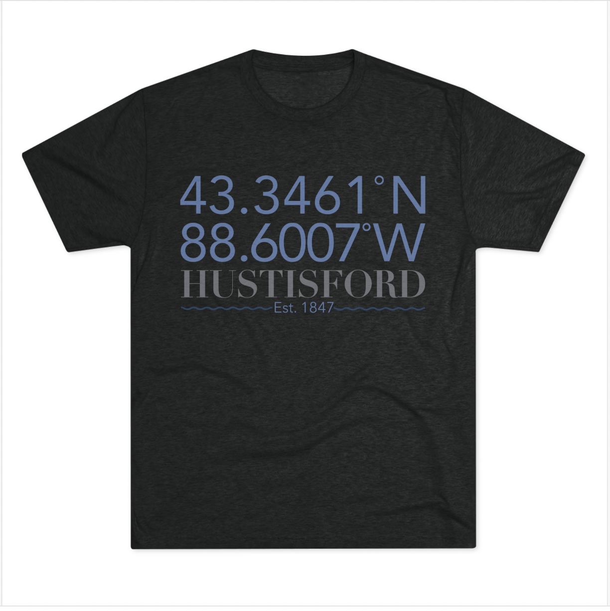 A black t-shirt with the coordinates of hustisford on it
