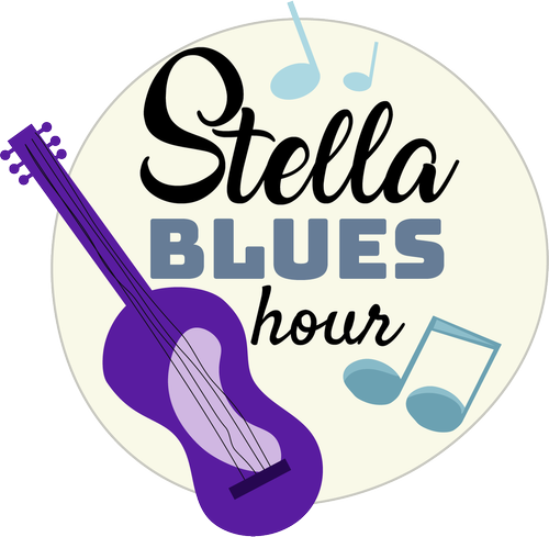 A logo for stella blues hour with a purple guitar and music notes.