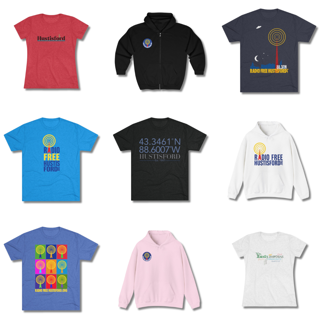 A variety of t-shirts and sweatshirts are displayed on a white background