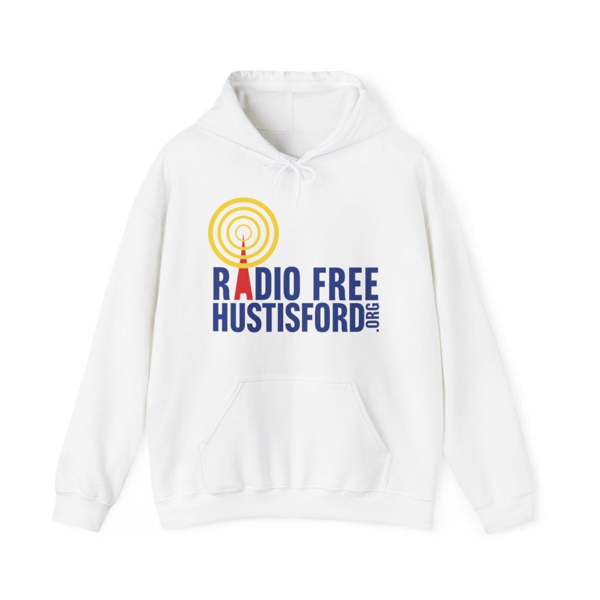 A white hoodie with the words radio free hustisford on it