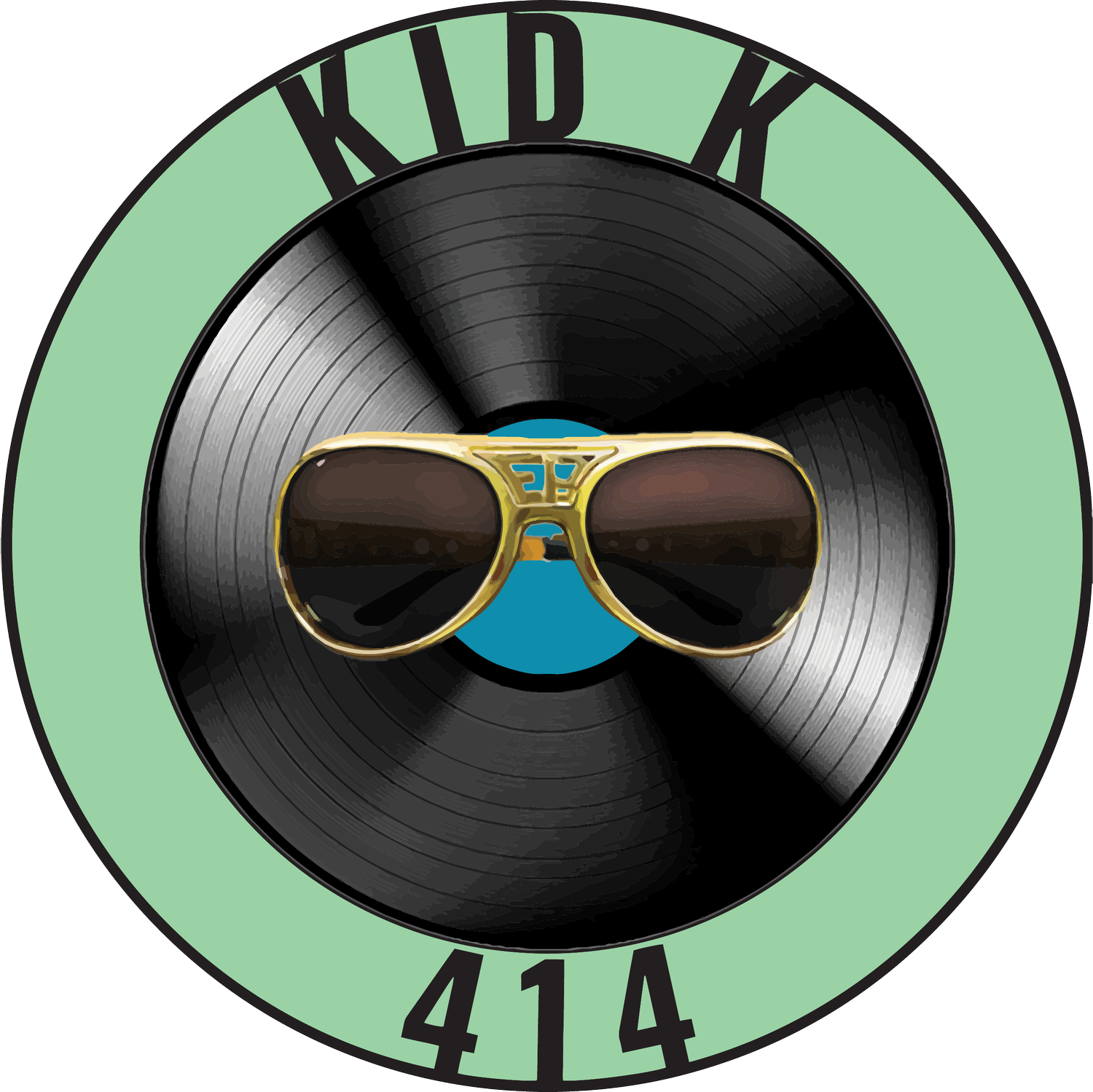 A logo for kid k 414 with a record and sunglasses