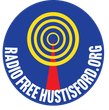 A blue and yellow logo for radio free hustisford.org