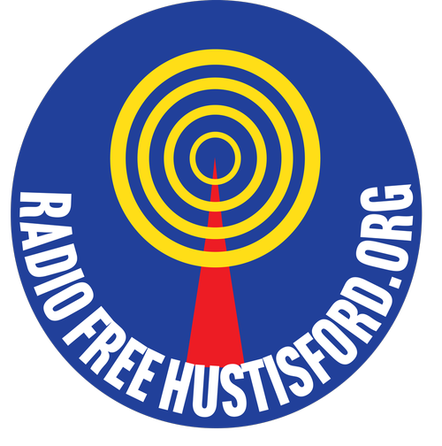 A blue and yellow logo for radio free hustisford.org