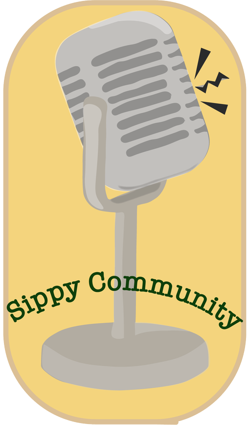 A sippy community logo with a microphone on a stand