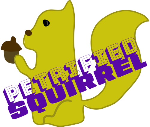 A yellow squirrel holding an acorn with the words petrified squirrel below it