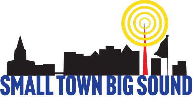 A logo for small town big sound with a city skyline