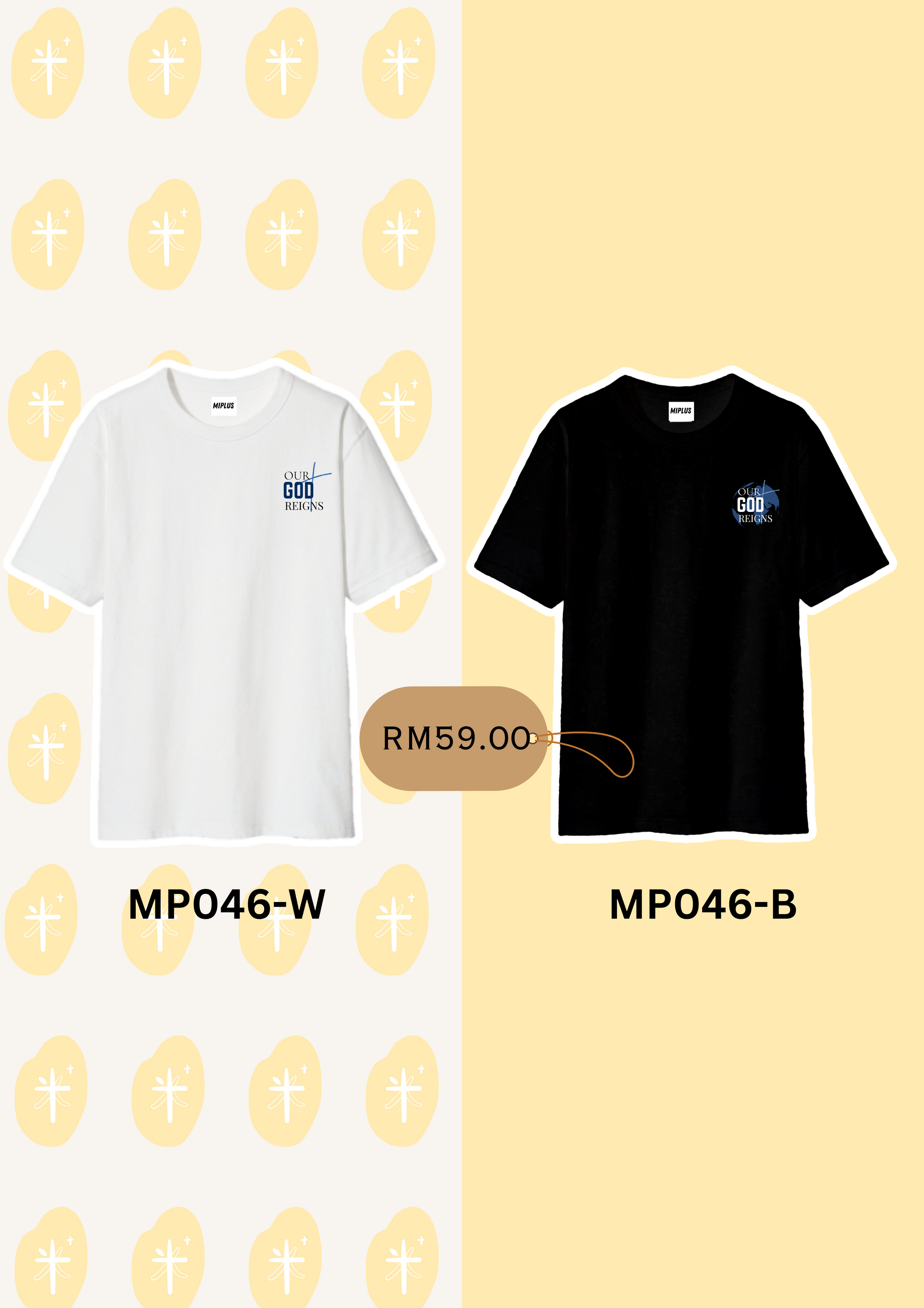 Two t-shirts: white and black with a small blue logo. Price tag: RM59.00. Yellow background.
