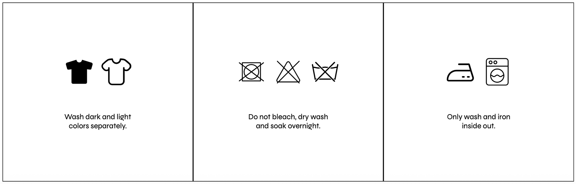 Laundry care symbols: wash dark and light, do not wash, iron low heat.