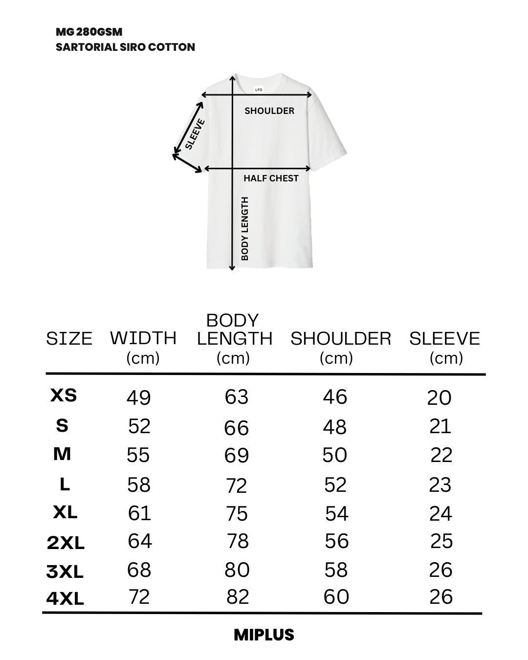 Size chart for a white t-shirt with measurements: width, length, shoulder, sleeve, sizes XS-4XL.