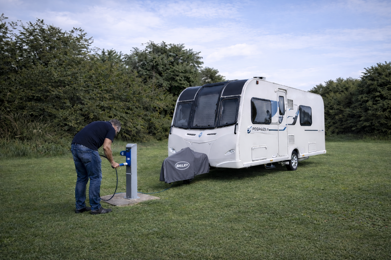 Person connecting a power cable to a caravan on a grassy field.
