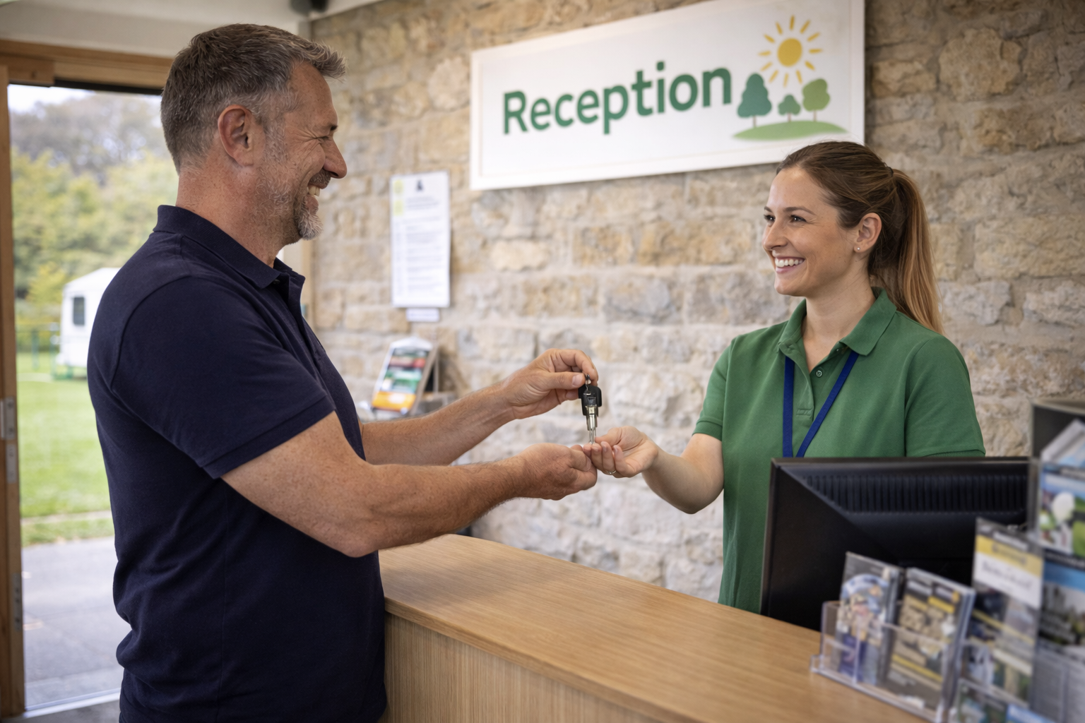 Man receiving keys from receptionist at a campsite reception desk. Both are smiling.