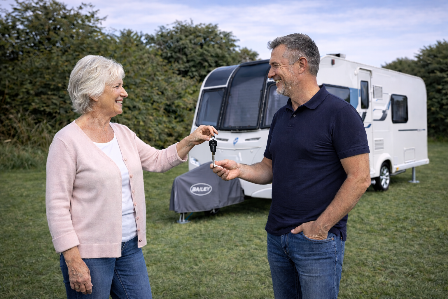 Woman handing keys to a man in front of a white travel trailer on a grassy field.