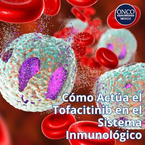 Ilustración que muestra cómo el tofacitinib inhibe las enzimas JAK en el cuerpo.