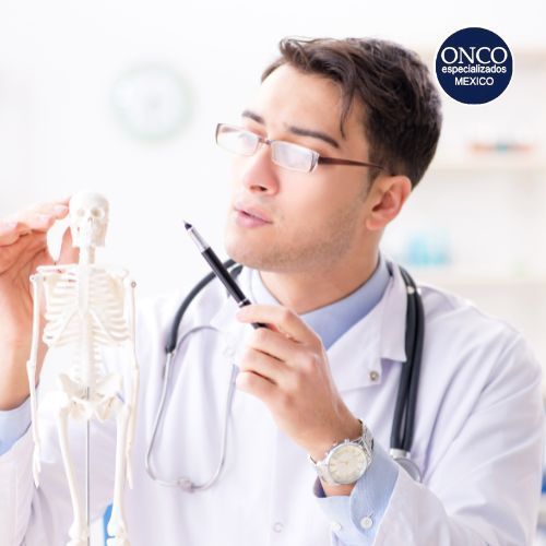 Médico explicando el impacto de la menopausia en los huesos.