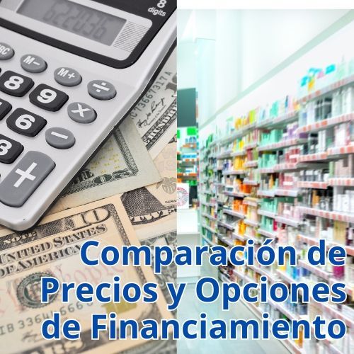 Comparación visual de precios de pomalidomida entre distintas farmacias y opciones de financiamiento.