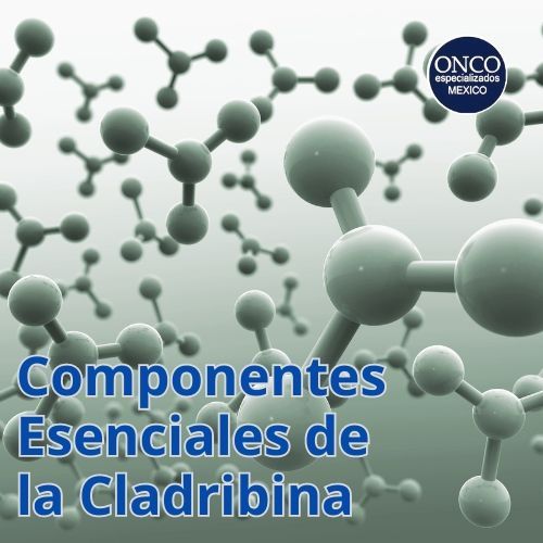 Modelo molecular que ilustra los componentes clave de la Cladribina y su estructura química.