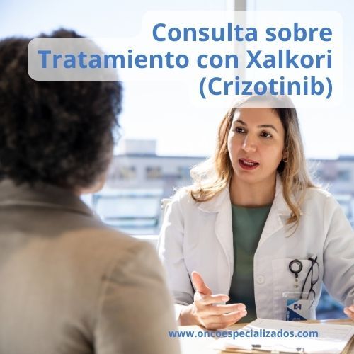 Paciente consultando a su oncólogo sobre el tratamiento con Xalkori (Crizotinib) para el cáncer de pulmón avanzado.