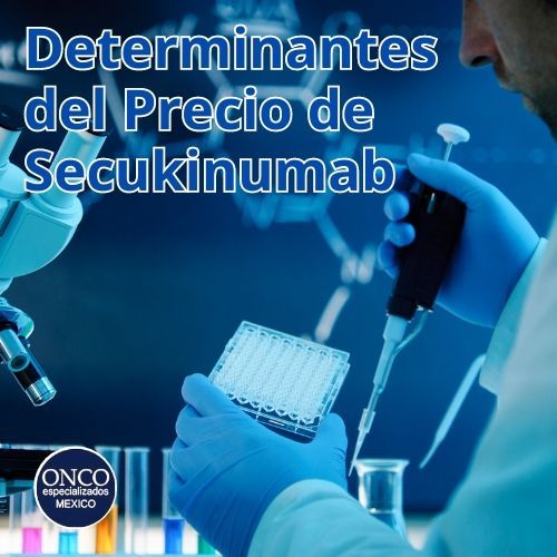 Científico realizando pruebas que representan el desarrollo y costos de producción de Secukinumab.