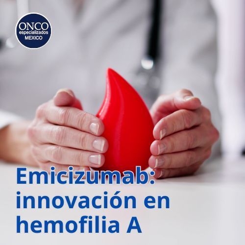 Manos rodeando figura de gota roja, símbolo de hemofilia A.