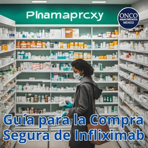 Persona comprando Infliximab en una farmacia} siguiendo los procedimientos de compra segura.