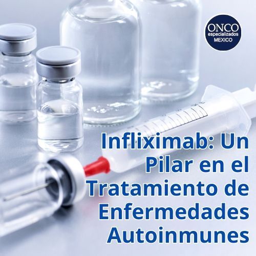 Frasco de Infliximab y jeringa, destacando su papel crucial en enfermedades autoinmunes.