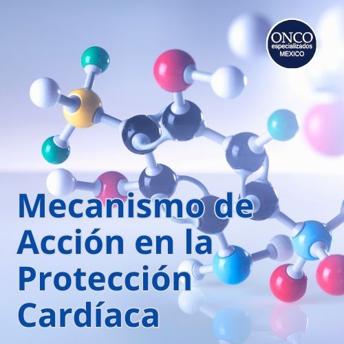 Representación molecular del mecanismo de acción del Dexrazoxano en la protección del corazón durante la quimioterapia.