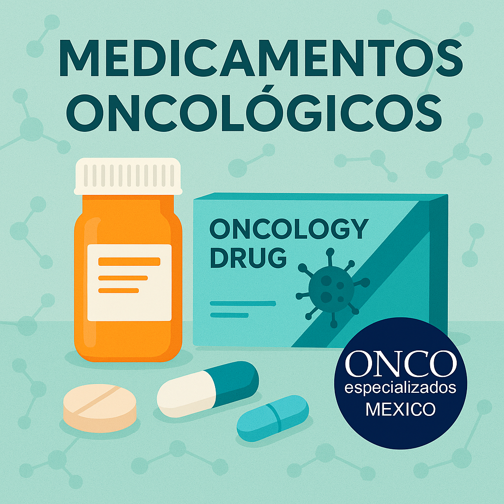 Un frasco de pastillas y una caja de medicamentos oncológicos sobre un fondo verde.