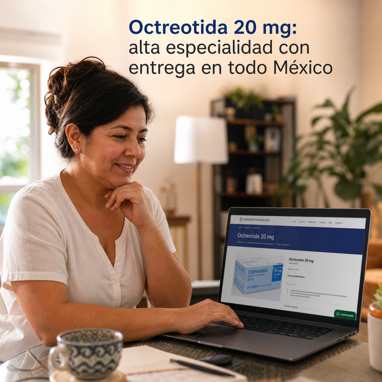 Mujer usando una computadora portátil en su casa junto a una taza, con un texto que anuncia la entrega de Octreotidida 20 mg en México.