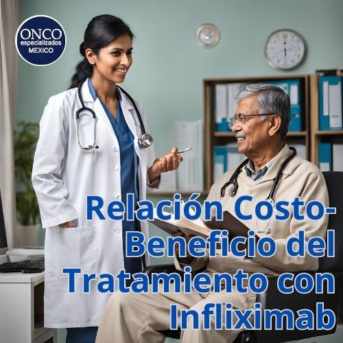 Médico y paciente evaluando la relación costo-beneficio del tratamiento con Infliximab mediante gráficos comparativos.