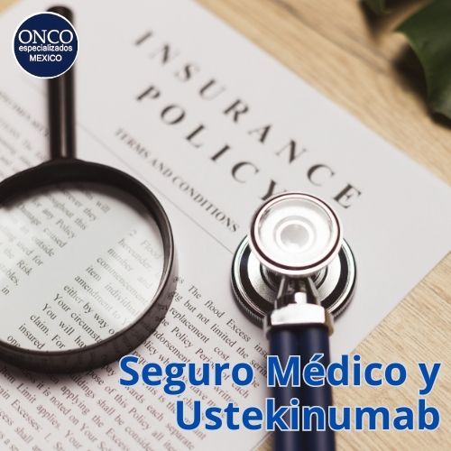 Documento de póliza de seguro con una lupa y un estetoscopio, ilustrando la revisión de cobertura para Ustekinumab.