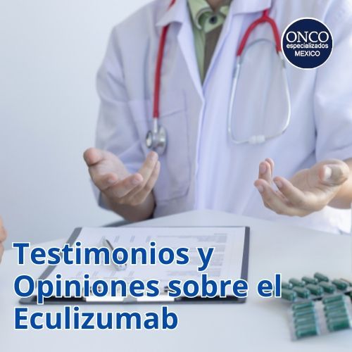 Dos médicos en consulta discutiendo sobre Eculizumab, con un enfoque en los testimonios y opiniones médicas.