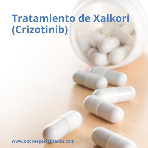 Envase de Xalkori (Crizotinib) utilizado en el tratamiento del cáncer de pulmón avanzado.