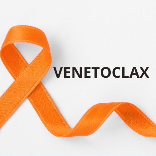 Una cinta naranja que significa leucemia con la palabra venetoclax