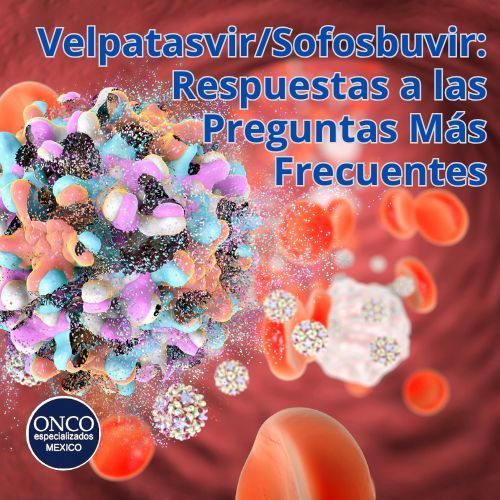 Ilustración de partículas virales y células sanguíneas relacionada con velpatasvir/sofosbuvir