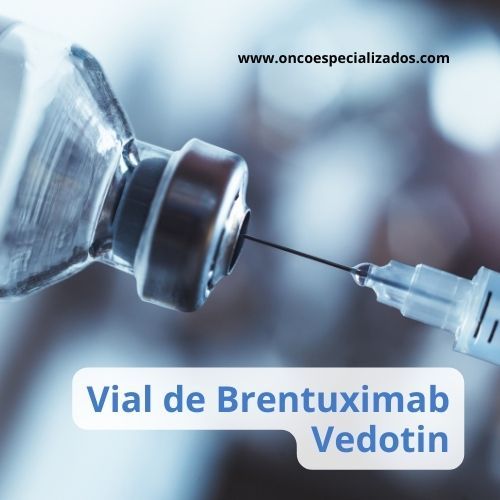 Vial de Brentuximab Vedotin utilizado en el tratamiento del linfoma de Hodgkin.