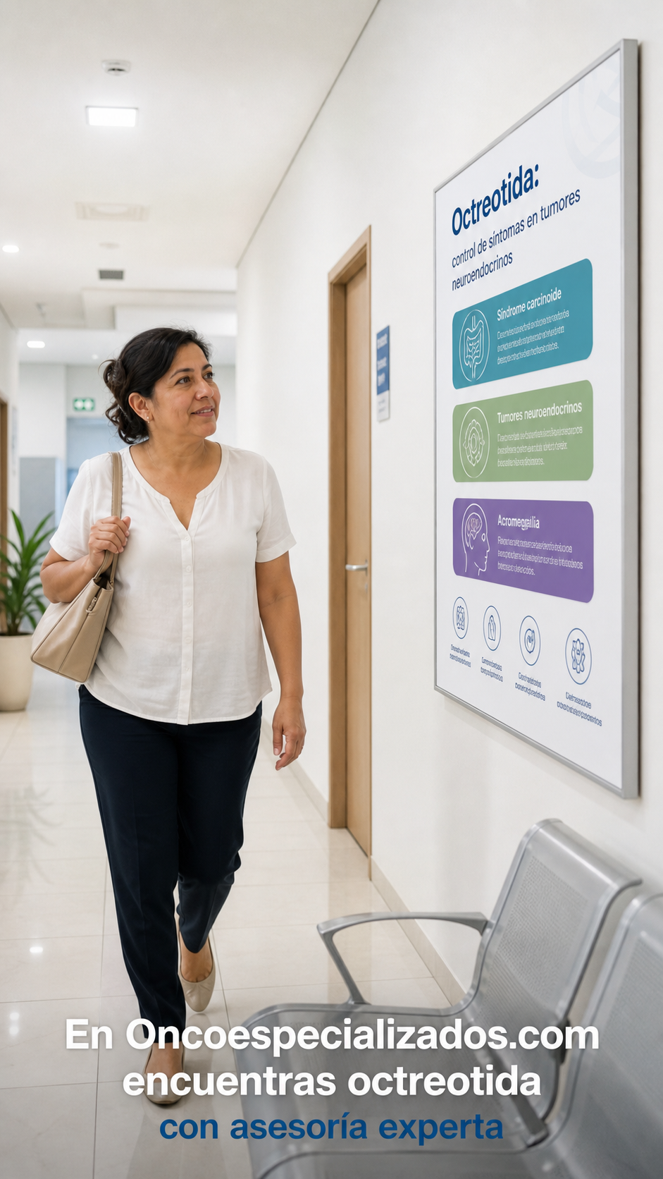 Una mujer camina por un pasillo luminoso de un hospital, pasando junto a un cartel informativo sobre la atención oncológica.