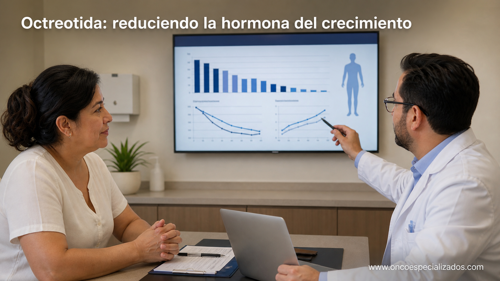 Médico muestra gráficos de octreótida a una paciente en una consulta médica.